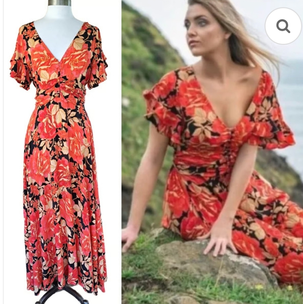 Anthropologie Abel The Label Autumn Floral Flutter Sleeve Vneck Maxidress